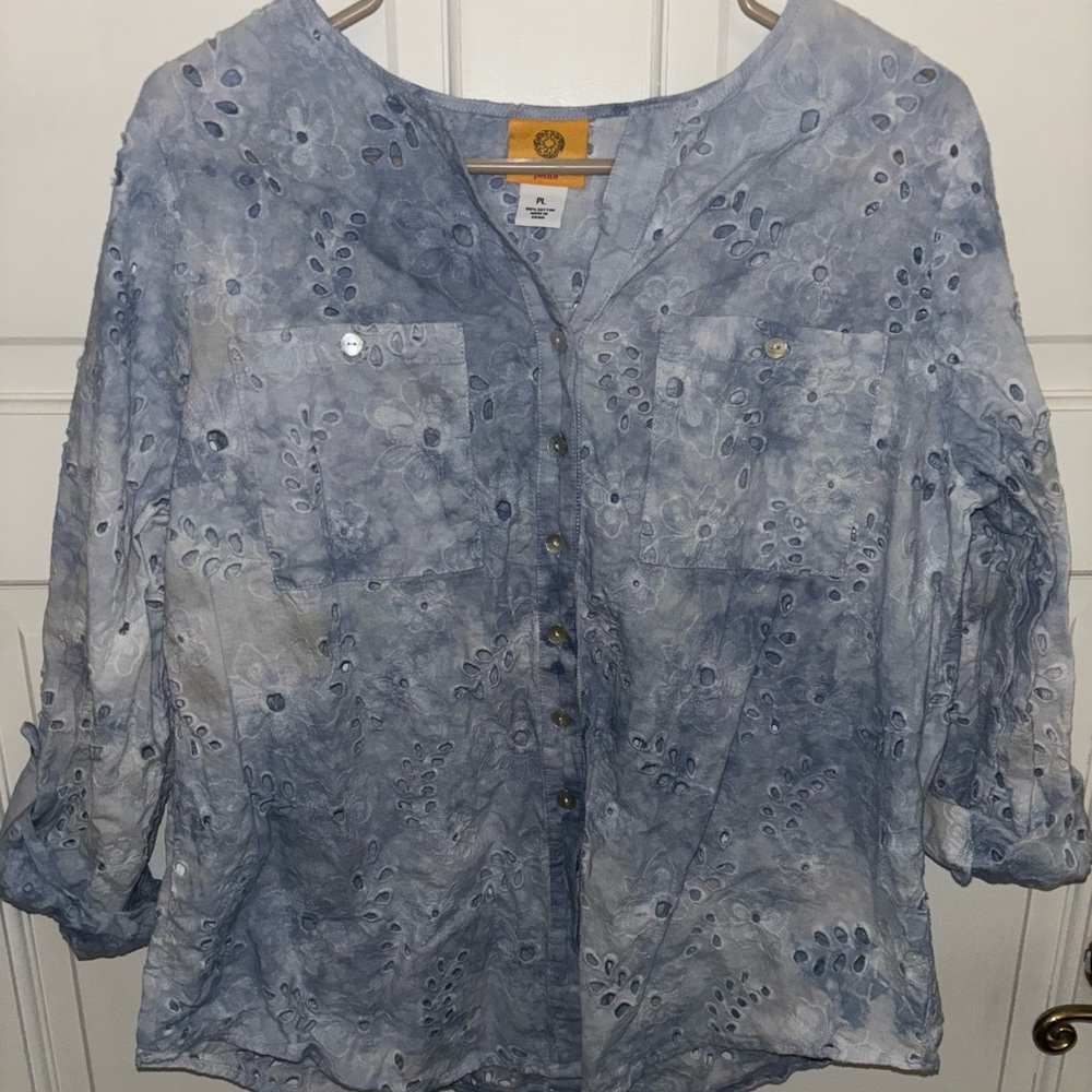 Ruby Rd Coastal Grandma Eyelet Blue White Button Up Cotton Blouse Women's PL